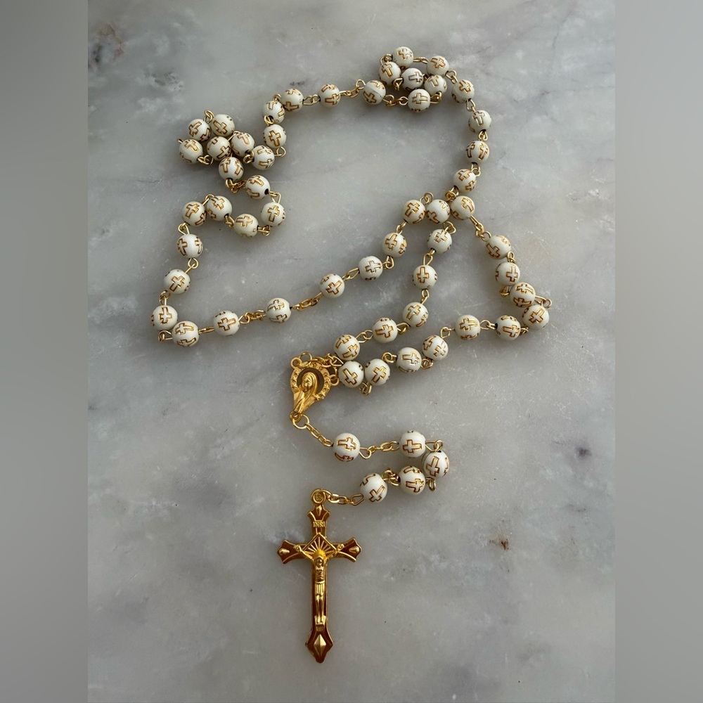 Elegant Gold and Cream Rosary Necklace